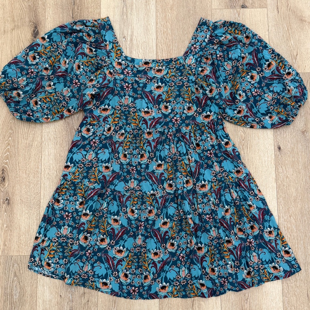 Maurices Puff Sleeve Floral Mini Babydoll Teal Dress 12 - Picture 2 of 9
